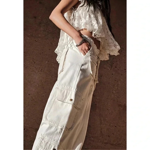 Free People Tahiti Cargo Pants Utility Low Rise Baggy White Tofu Medium - Picture 5 of 14